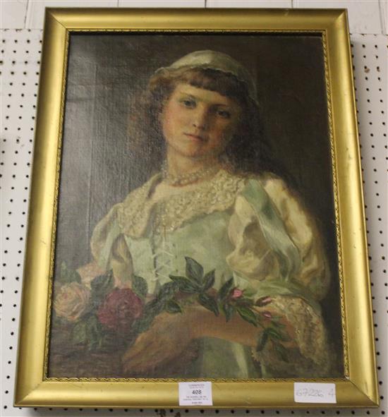 19C School, oil on canvas, portrait of a young woman wearing pearls and carrying flowers